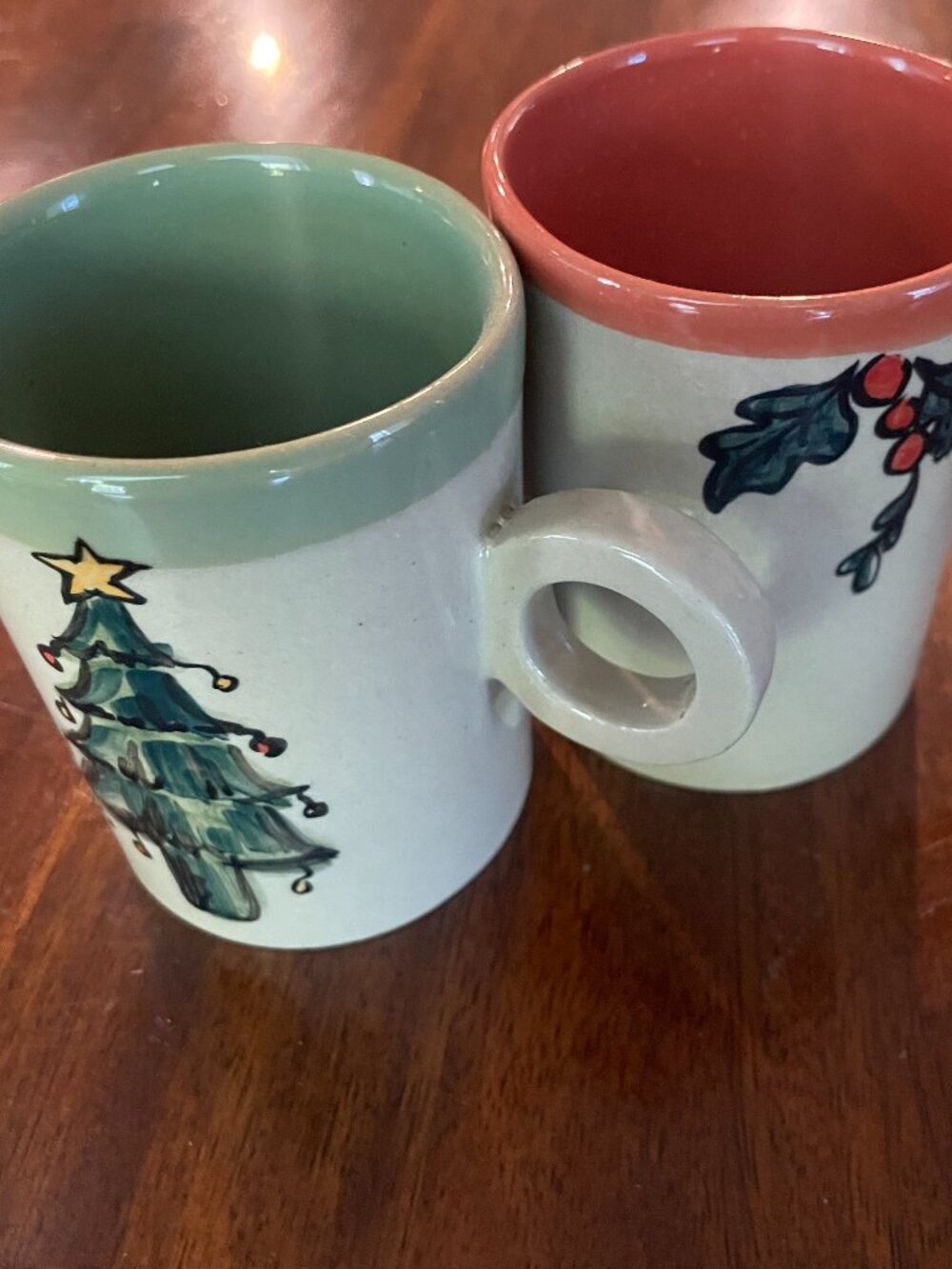 Handmade Ceramic Painted Holiday Christmas Mugs Set of 2 3.75" Tall!
